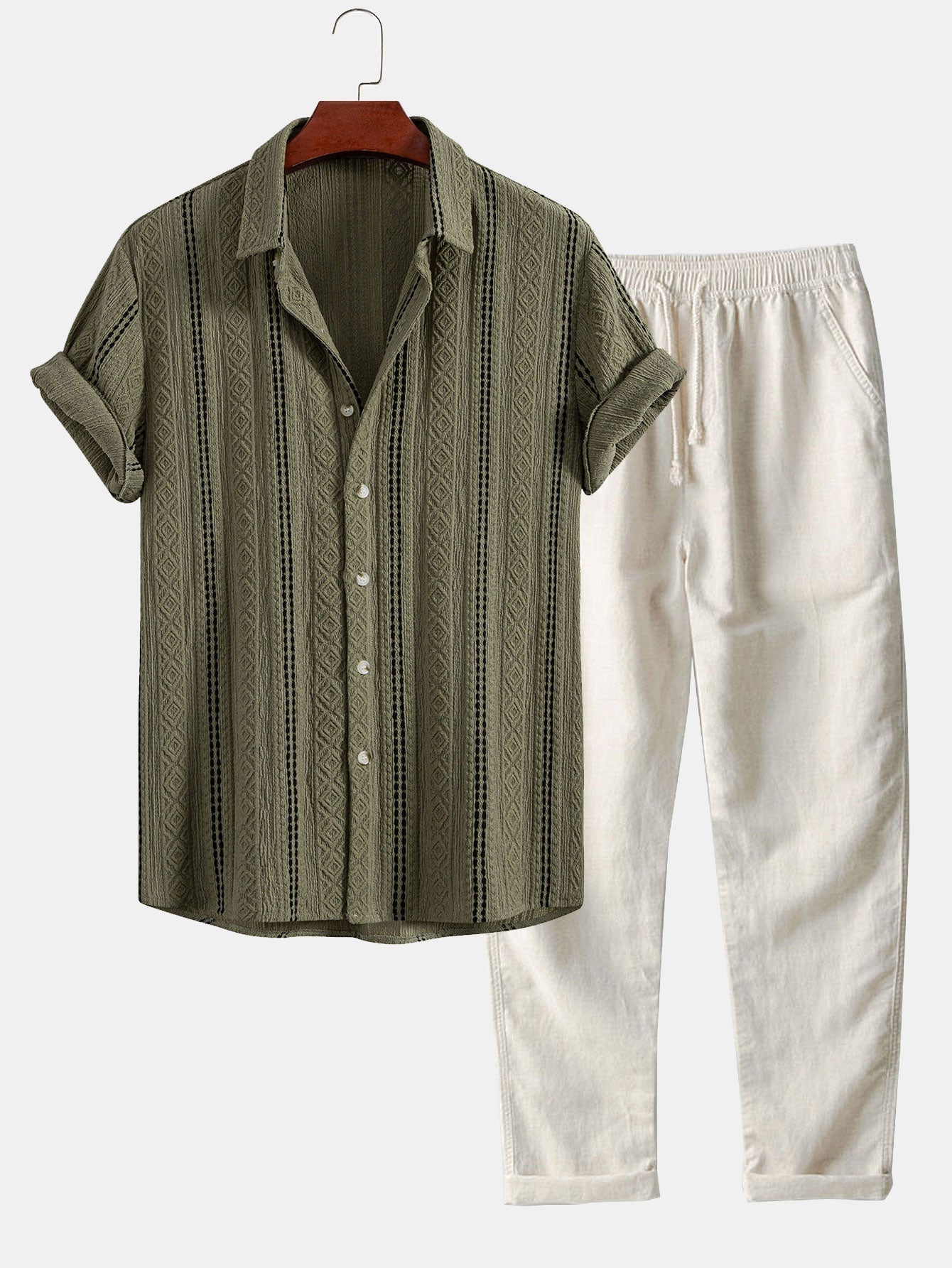 Geometric Striped Jacquard Button Up Shirt & Straight Leg Linen Pants