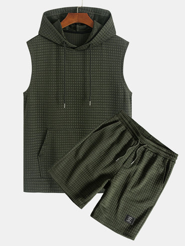 Waffle Sleeveless Hooded T-Shirt With Kangaroo Pocket & Shorts