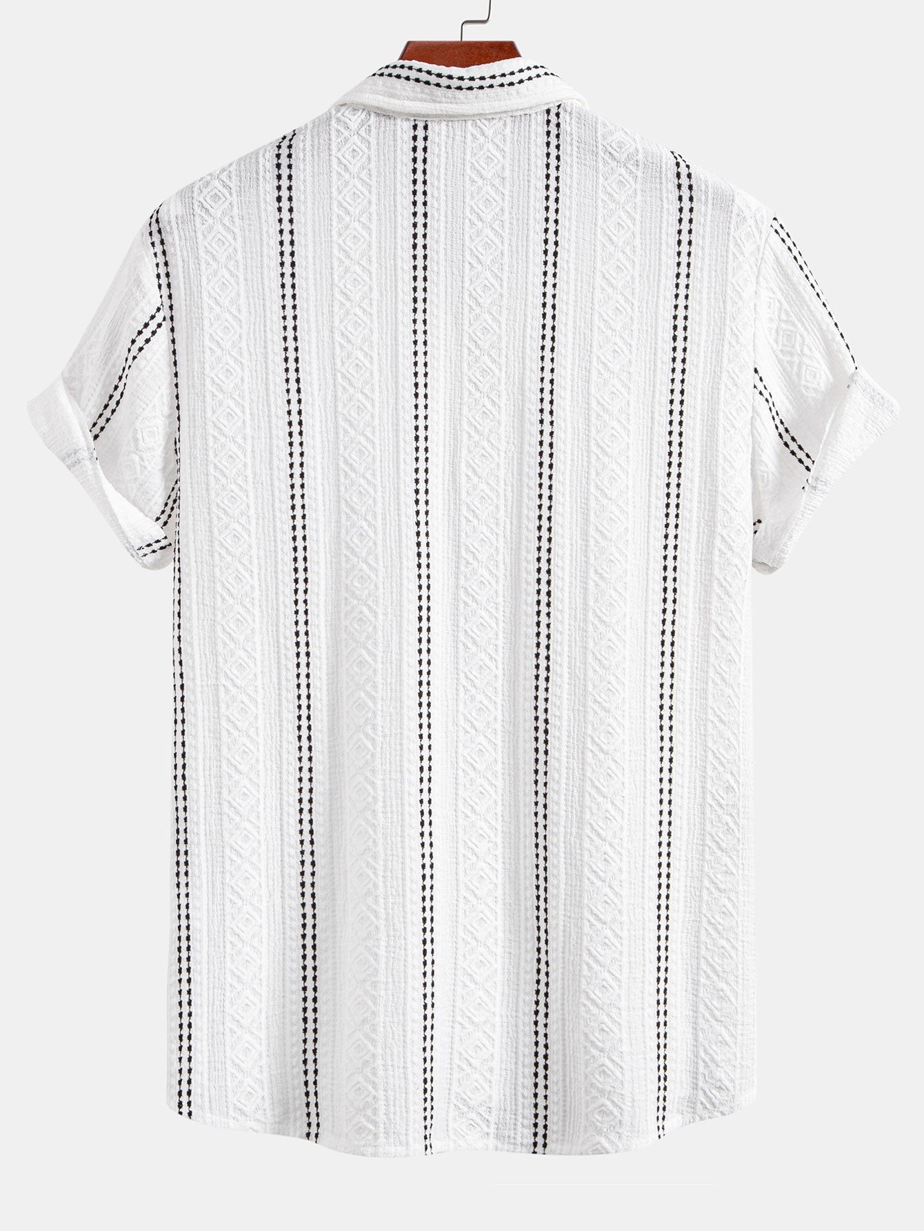 Geometric Striped Jacquard Button Up Shirt & Crinkle Textured Straight Leg Pants