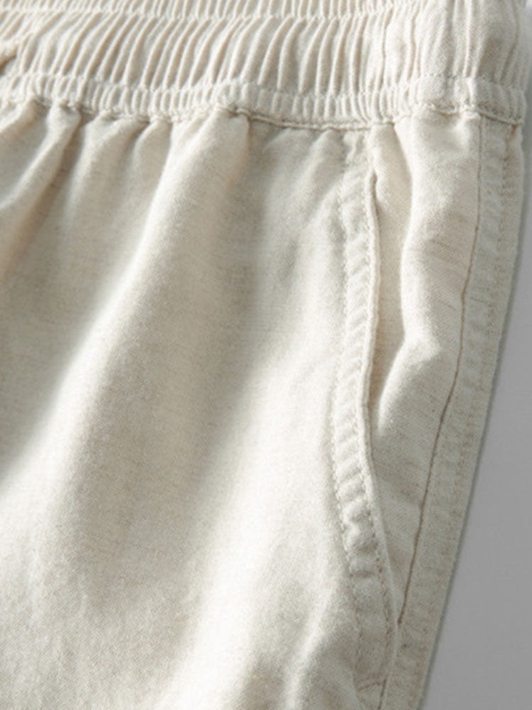 Striped Eyelet Knit Zip Up Polo Shirt & Straight Leg Linen Pants