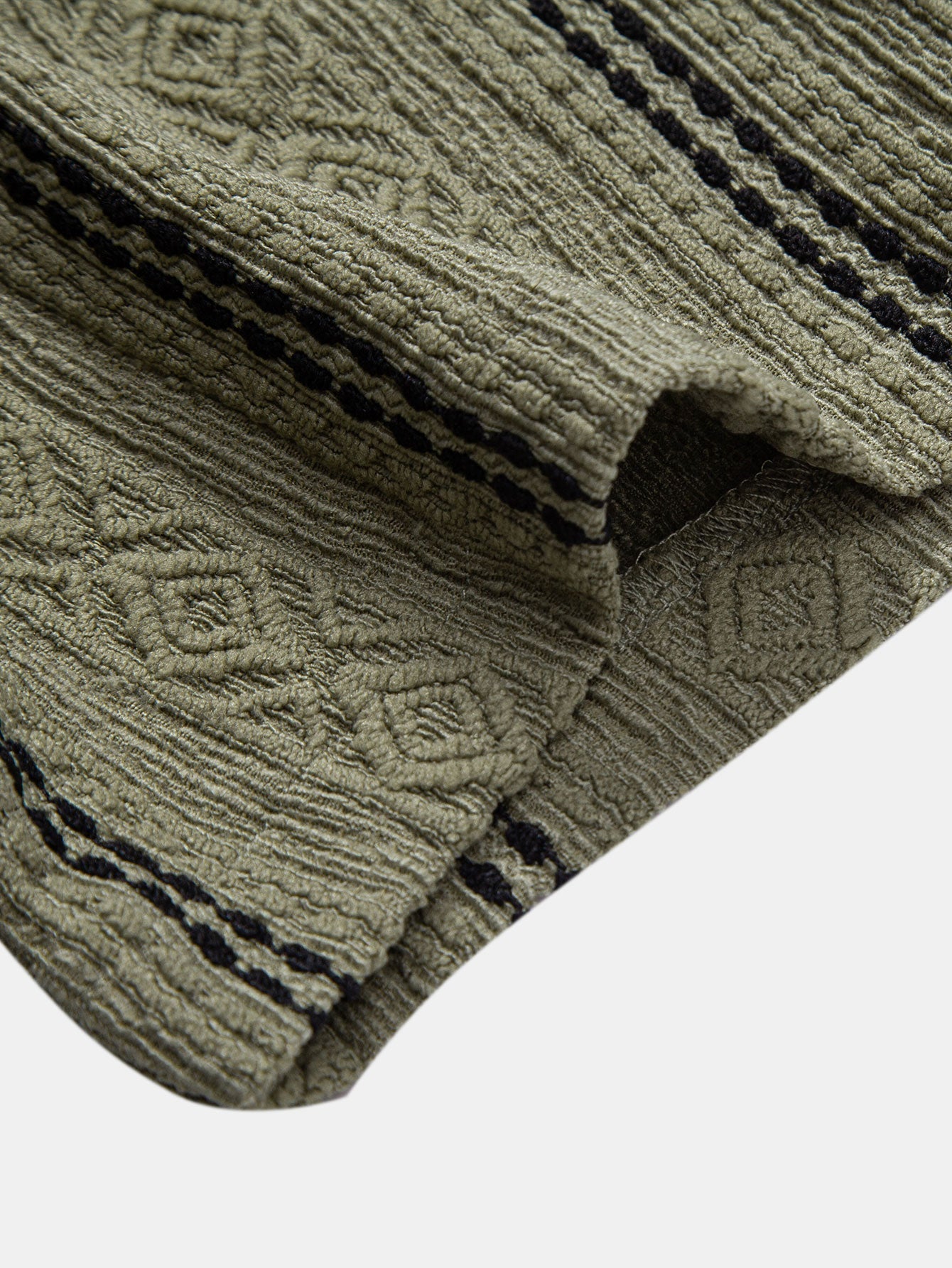 Geometric Striped Jacquard Button Up Shirt & Crinkle Textured Straight Leg Pants