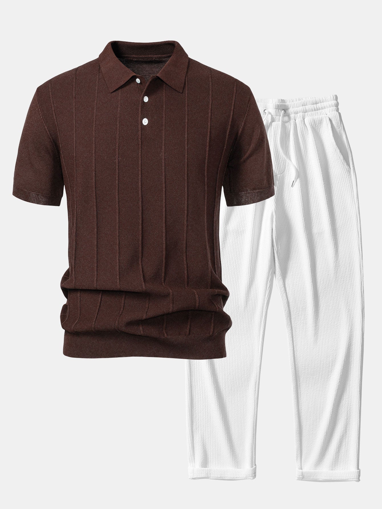 Stripe Jacquard Knit Polo Shirt & Straight Leg Ribbed Pants