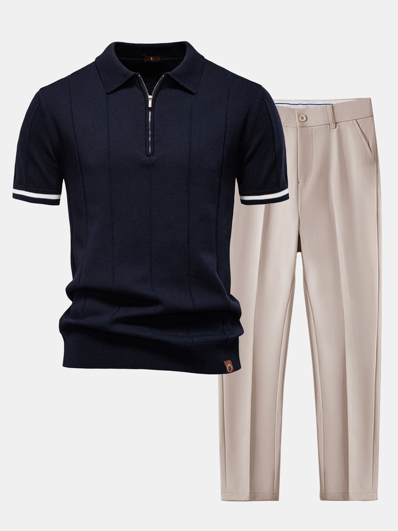 Contrast Trim Zipper Knit Polo Shirt & Slim Fit Tapered Trousers