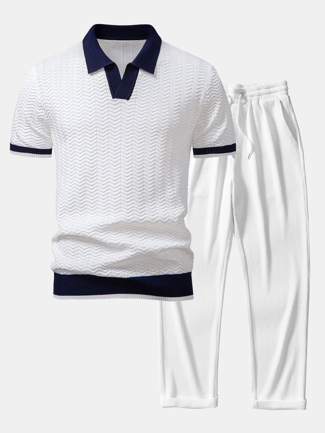 Texture Contrast Knitted V Neck Polo Shirt & Straight Leg Ribbed Pants