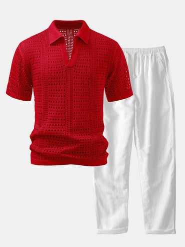 Crochet  V Neck Polo Shirt & Straight Leg Linen Pants