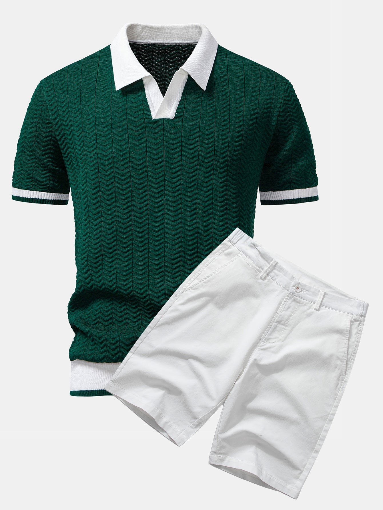 Texture Contrast Knitted V Neck Polo Shirt & Cotton Chino Shorts