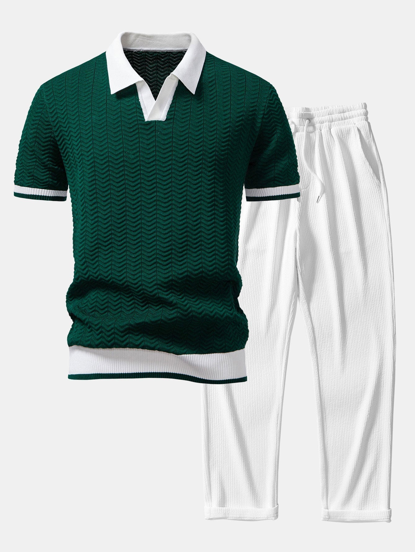Texture Contrast Knitted V Neck Polo Shirt & Straight Leg Ribbed Pants