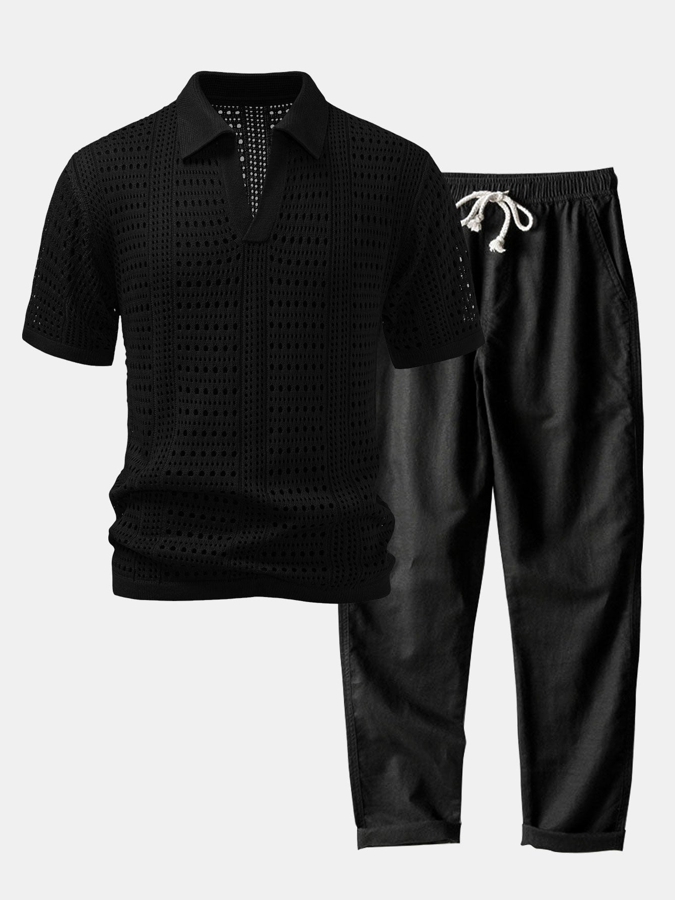Crochet  V Neck Polo Shirt & Straight Leg Linen Pants