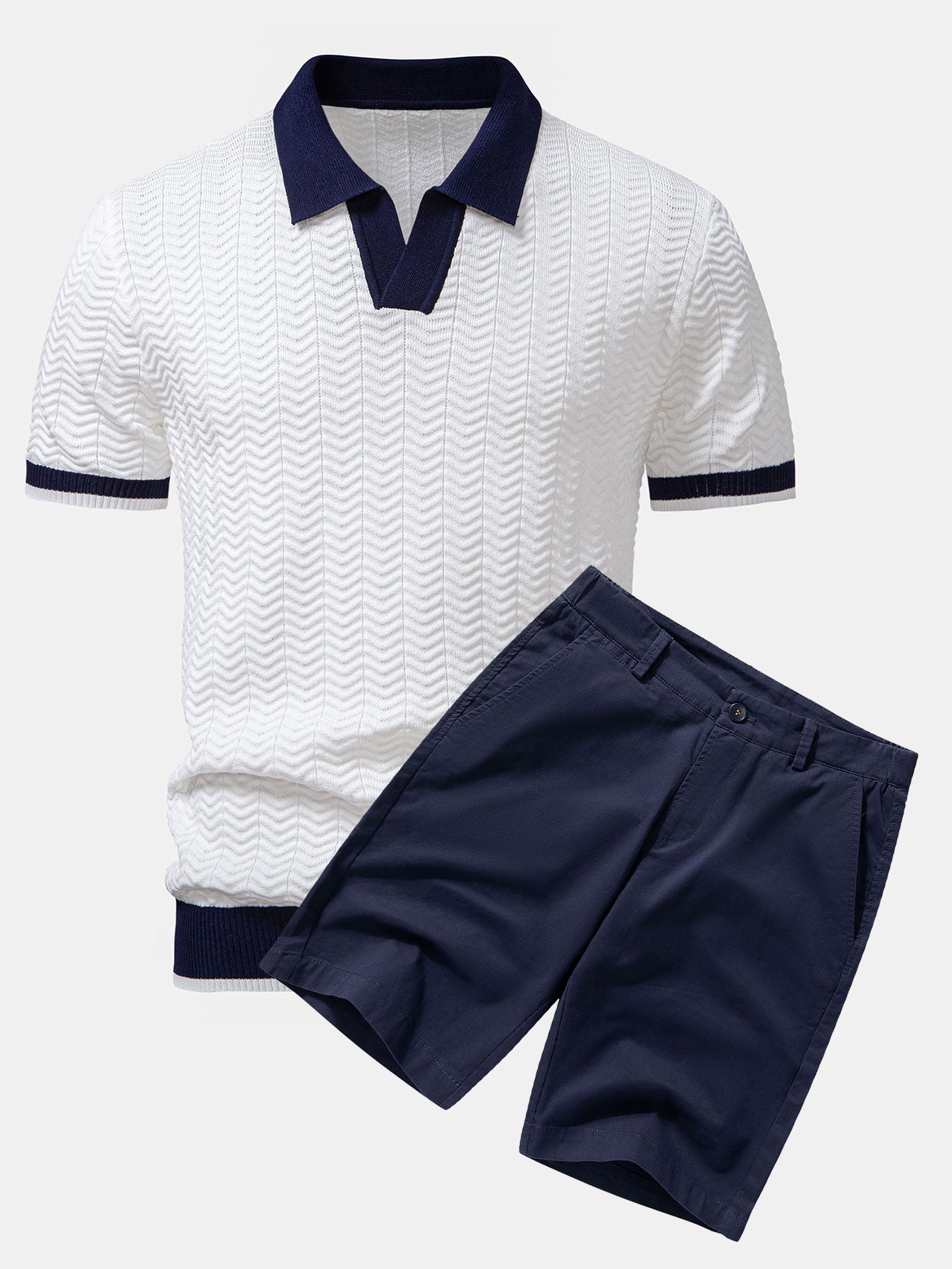 Texture Contrast Knitted V Neck Polo Shirt & Cotton Chino Shorts
