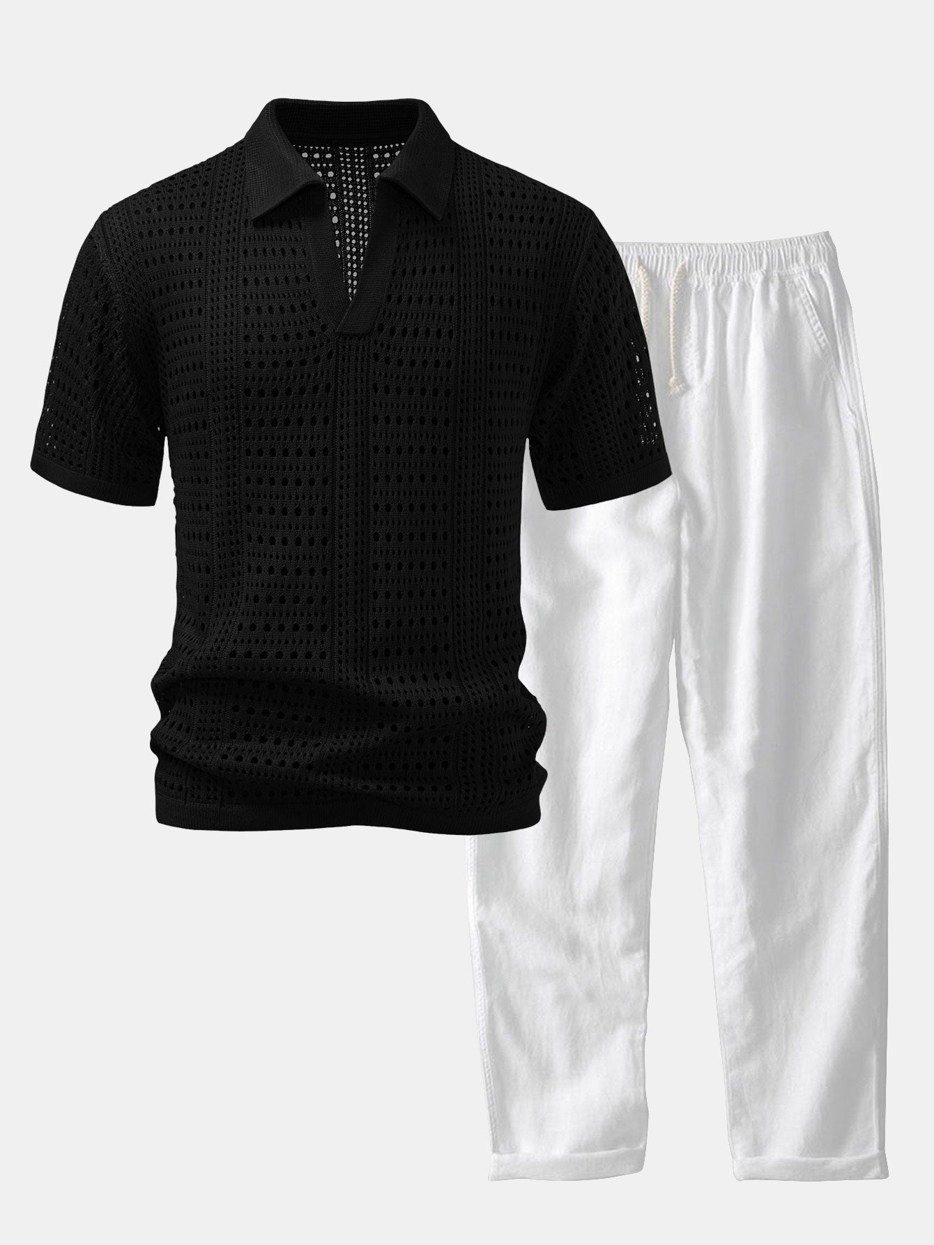 Crochet  V Neck Polo Shirt & Straight Leg Linen Pants
