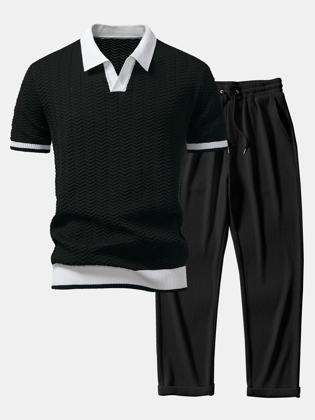 Texture Contrast Knitted V Neck Polo Shirt & Straight Leg Ribbed Pants
